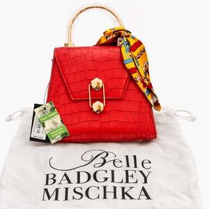 Badgley Mischka Red Vegan Leather Crossbody Bag with Gold Accents